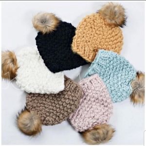 Blue Knitted Beanie Pom Pom Fur Top
